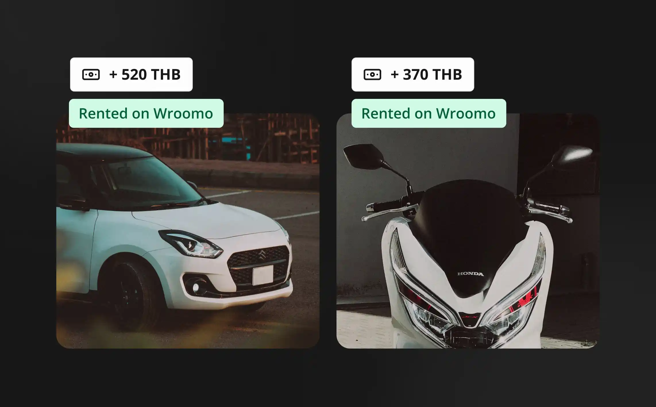 Showcase of rental earnings on Wroomo platform from car and scooter rental.