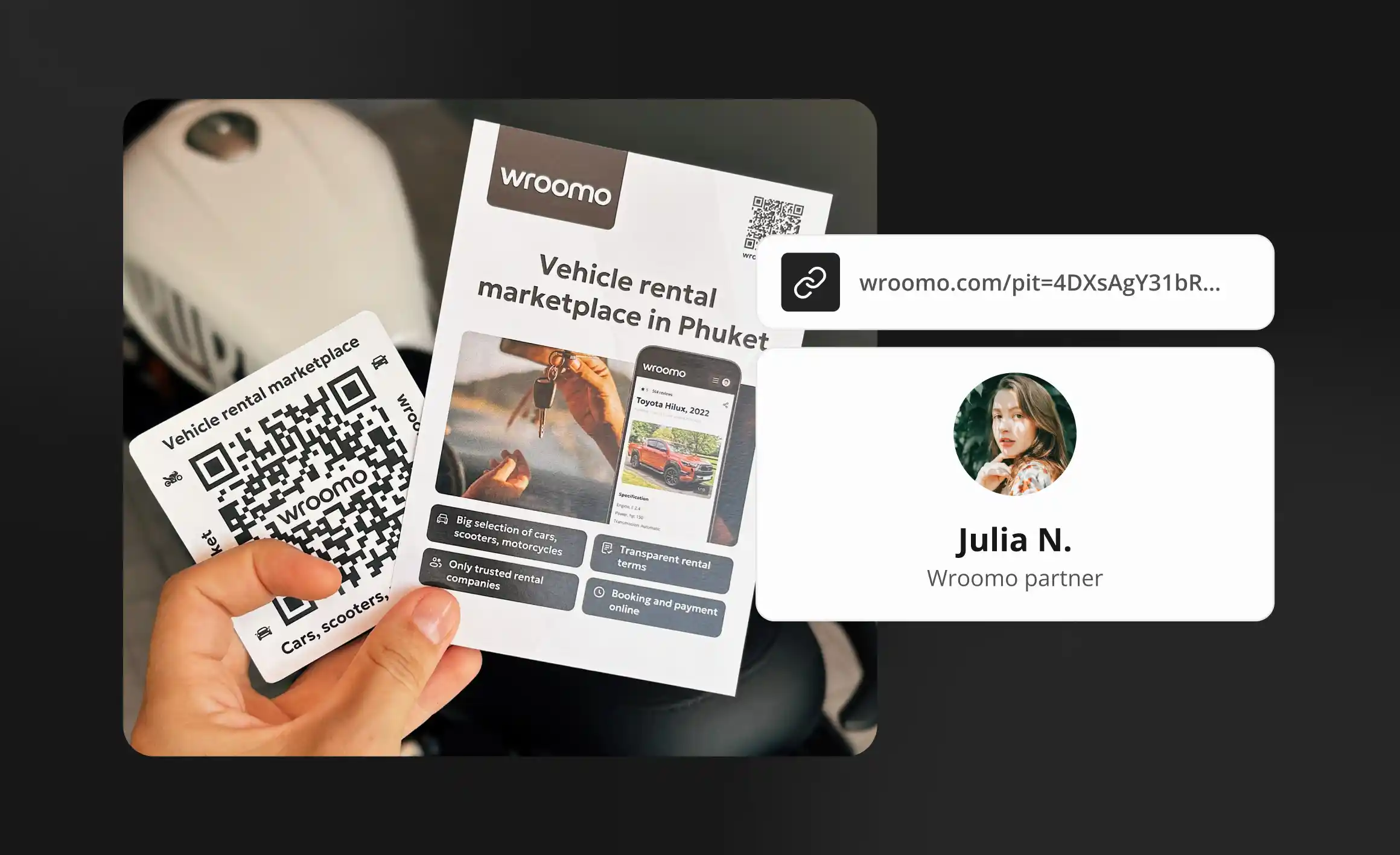 Partner referral materials for Wroomo, QR codes and rental marketplace flyers for cars and scooters in Phuket.